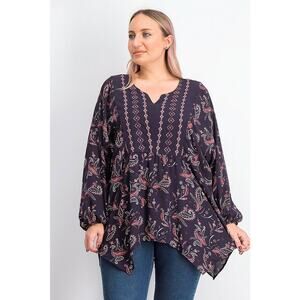 Style & Co Blouse 1X – Purple Paisley Embroidered Split Neck Sharkbite Hem NWT